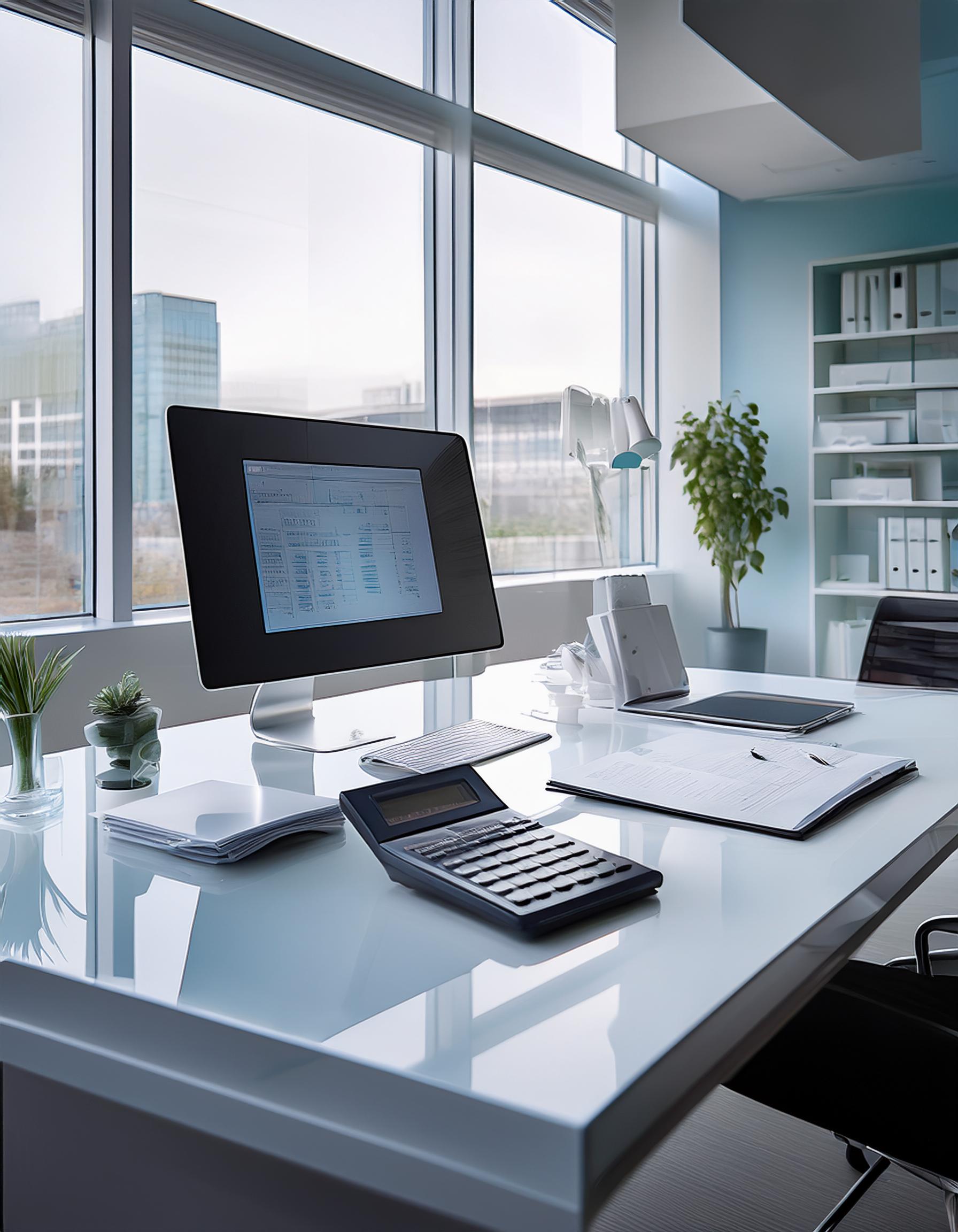 Modernes Büro mit freundlicher Atmosphäre, Steuerberater am Schreibtisch arbeitend